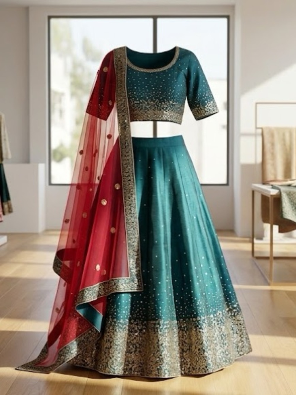 Stunning Teal & Gold Sequined Lehenga Choli w/Red Dupatta | Blouse Chest size 38